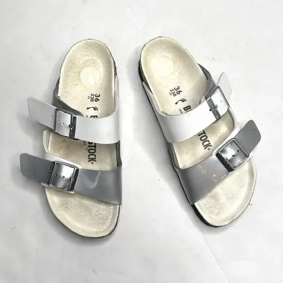 BIRKENSTOCK Arizona White Silver Double Strap Leather Narrow Sandals S-375 36 EU - Picture 2 of 11
